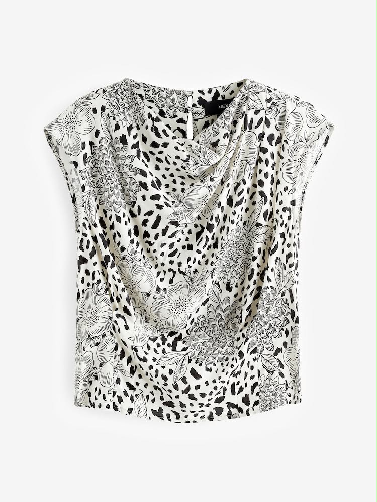 Black/Cream Animal Floral Print Cowl Neck Cap Sleeve Top