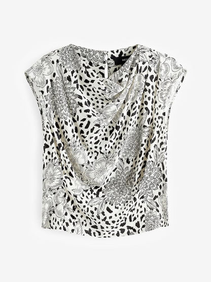Black/Cream Animal Floral Print Cowl Neck Cap Sleeve Top