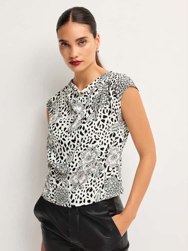 Black/Cream Animal Floral Print Cowl Neck Cap Sleeve Top