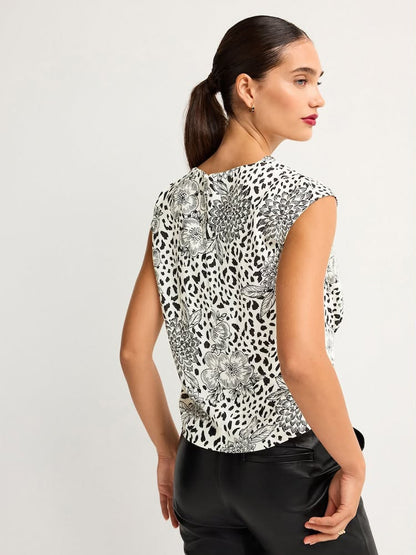 Black/Cream Animal Floral Print Cowl Neck Cap Sleeve Top