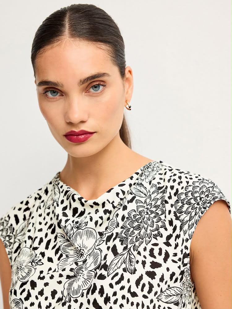 Black/Cream Animal Floral Print Cowl Neck Cap Sleeve Top