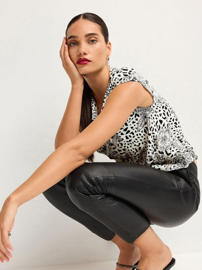 Black/Cream Animal Floral Print Cowl Neck Cap Sleeve Top