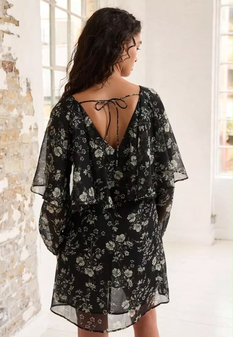 Monochrome Floral Ditsy Cape Long Sleeve Mini Dress