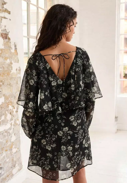 Monochrome Floral Ditsy Cape Long Sleeve Mini Dress