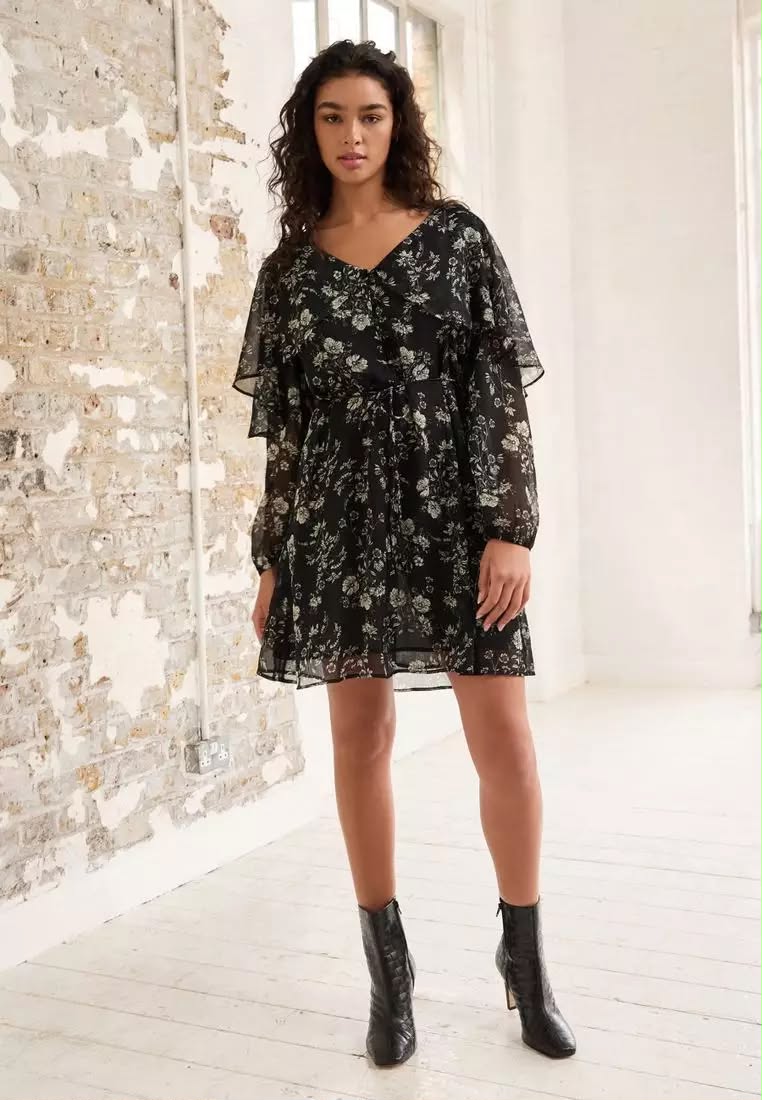 Monochrome Floral Ditsy Cape Long Sleeve Mini Dress