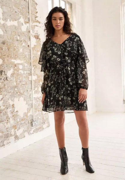 Monochrome Floral Ditsy Cape Long Sleeve Mini Dress