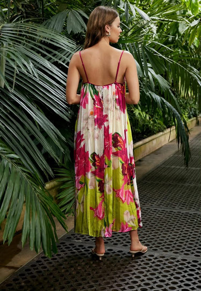 Strappy Pleated Mixed Print Floral Dress