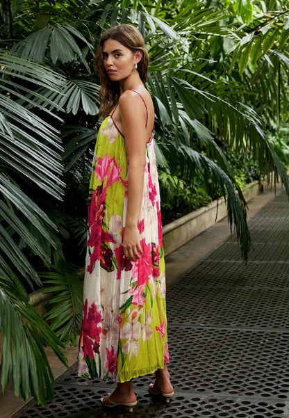 Strappy Pleated Mixed Print Floral Dress