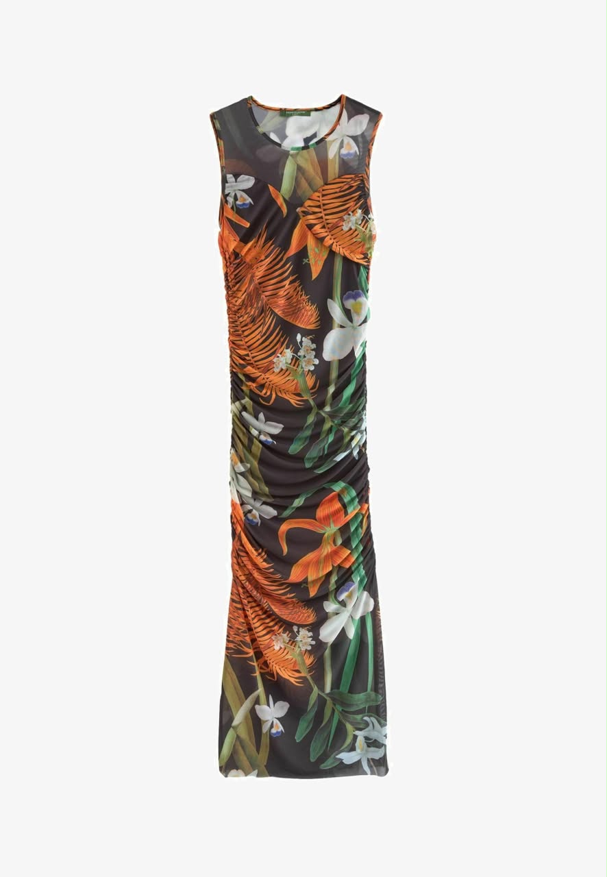 Ruched Floral Maxi Dress Black/ Orange Floral Print