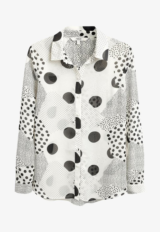 Petite White/Black Spot Print Long Sleeve Sheer Shirt