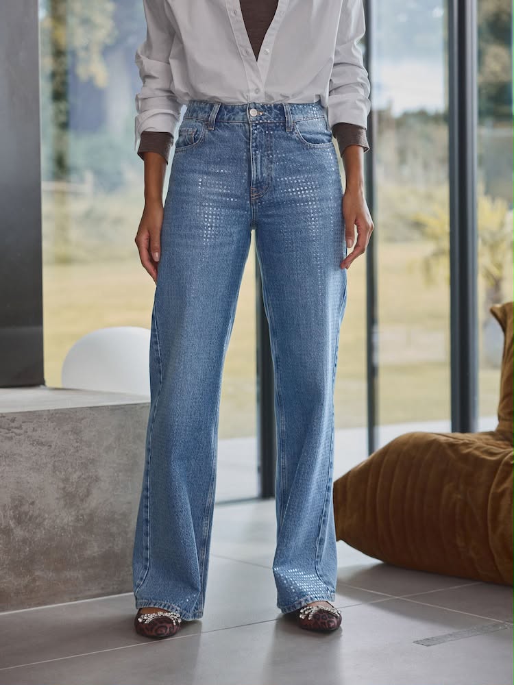 Petite Mid Blue Sequin Embellished wide Leg Jeans