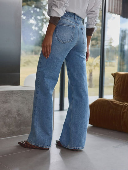 Petite Mid Blue Sequin Embellished wide Leg Jeans