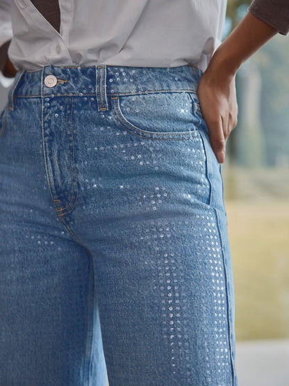 Petite Mid Blue Sequin Embellished wide Leg Jeans