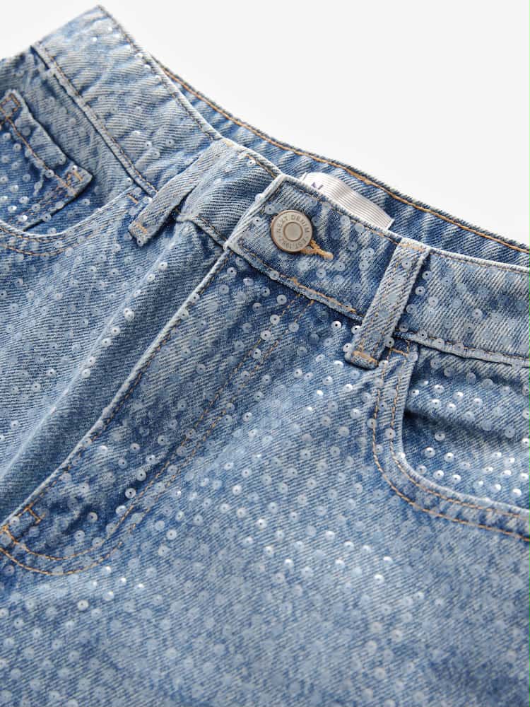 Petite Mid Blue Sequin Embellished wide Leg Jeans