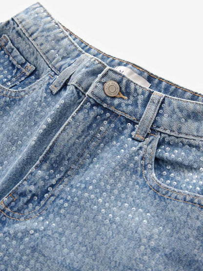 Petite Mid Blue Sequin Embellished wide Leg Jeans