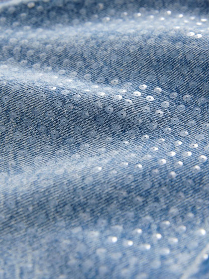 Petite Mid Blue Sequin Embellished wide Leg Jeans