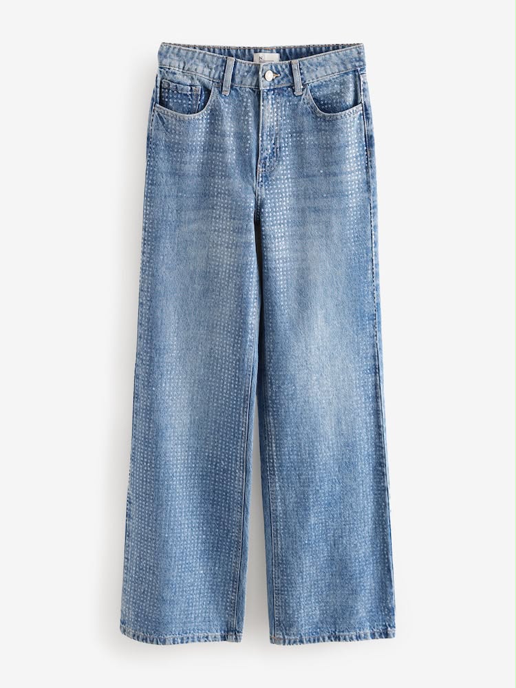 Petite Mid Blue Sequin Embellished wide Leg Jeans