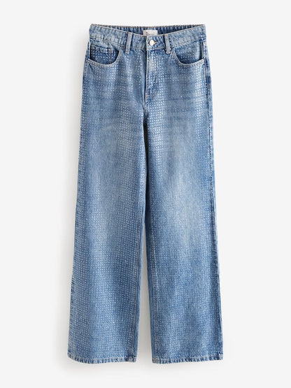 Petite Mid Blue Sequin Embellished wide Leg Jeans