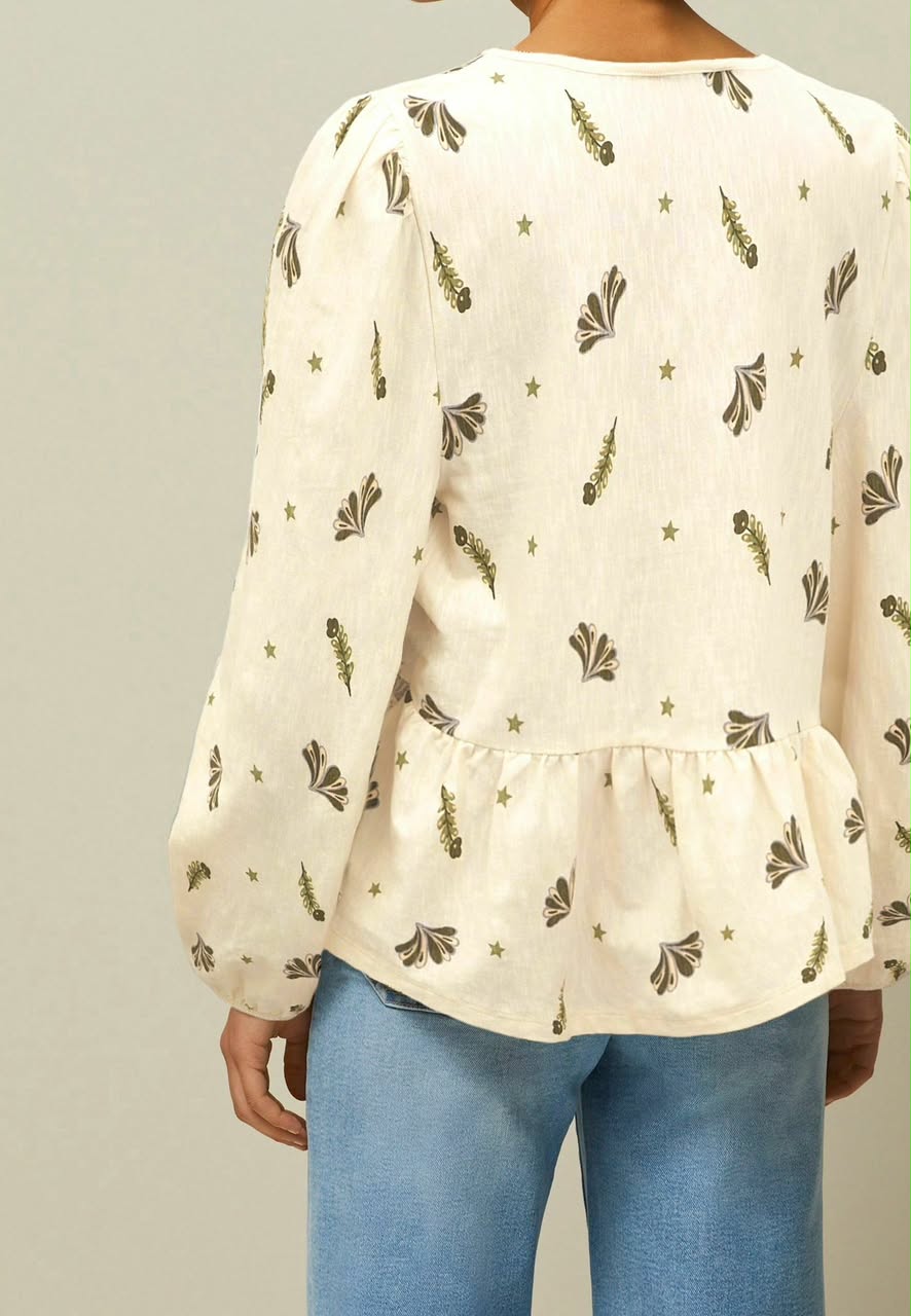 Ecru Paisely Print Long Sleeved Top