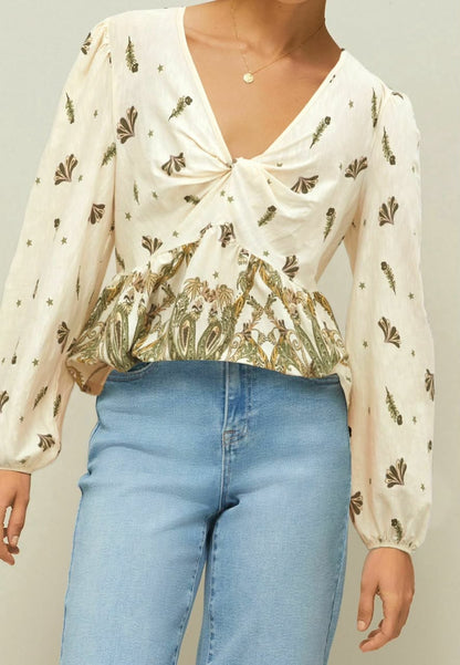 Ecru Paisely Print Long Sleeved Top