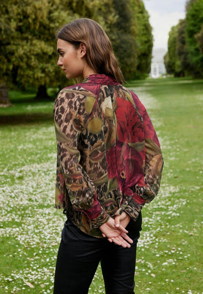 Long Sleeve Neck Petite Blouse Brown Leopard And  Floral Print