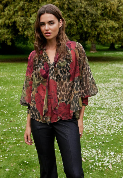 Long Sleeve Neck Petite Blouse Brown Leopard And  Floral Print