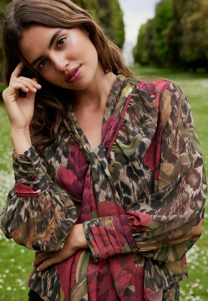 Long Sleeve Neck Petite Blouse Brown Leopard And  Floral Print