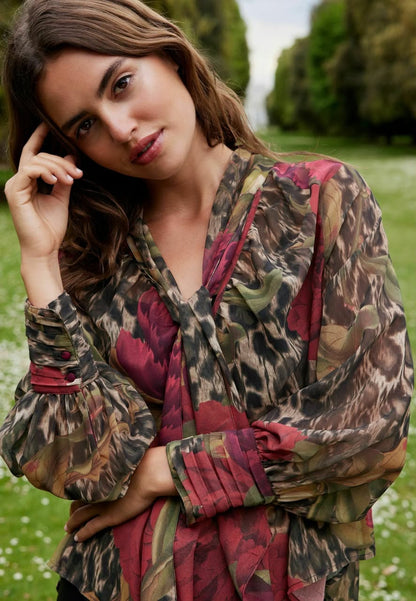 Long Sleeve Neck Petite Blouse Brown Leopard And  Floral Print