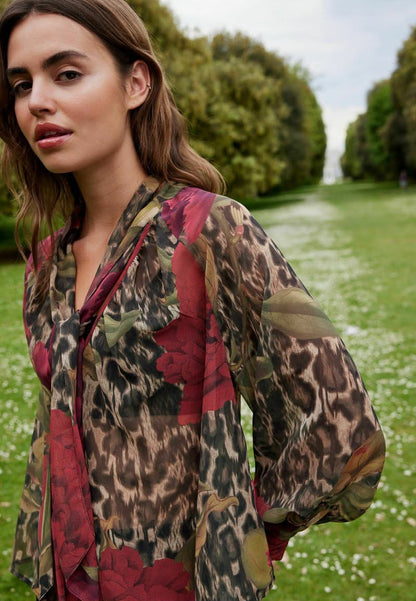 Long Sleeve Neck Petite Blouse Brown Leopard And  Floral Print