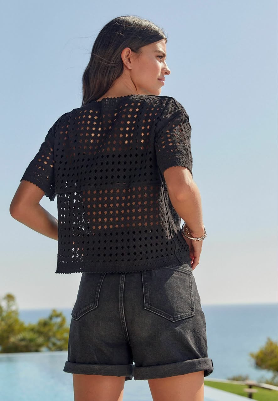 Knitted Lace Crew Neck Blouse Black
