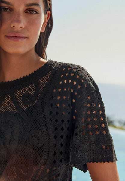 Knitted Lace Crew Neck Blouse Black