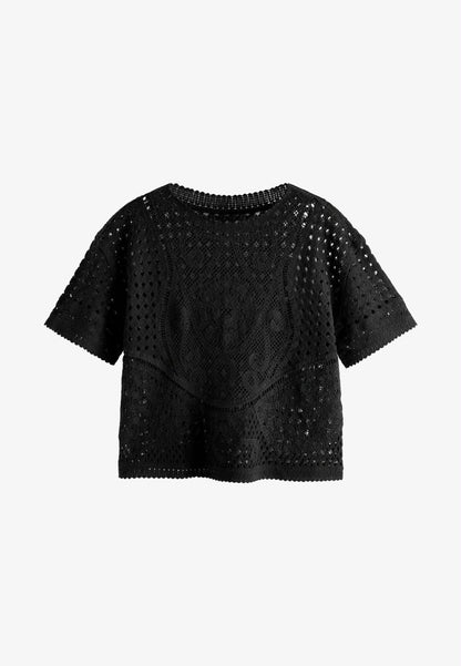Knitted Lace Crew Neck Blouse Black