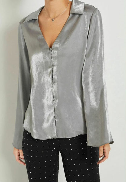 Shimmer Button Down Blouse Silver