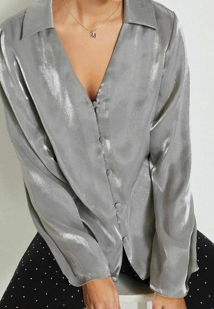 Shimmer Button Down Blouse Silver