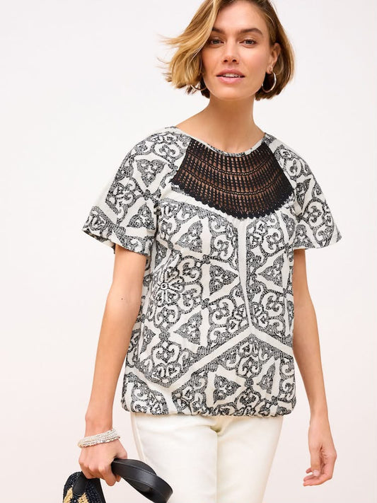 Black/white Cotton Short Sleeve Crochet Bubblehem Printed Top