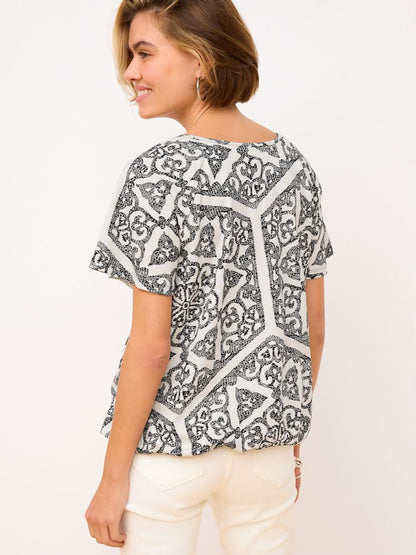 Black/white Cotton Short Sleeve Crochet Bubblehem Printed Top