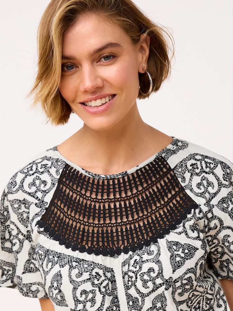 Black/white Cotton Short Sleeve Crochet Bubblehem Printed Top