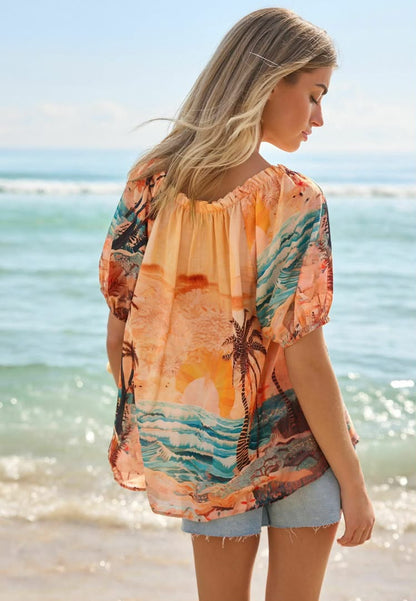 Short Sleeve Tie Neck Bardot Blue Orange Scenic Print