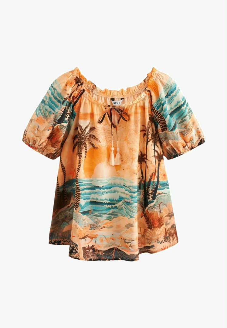 Short Sleeve Tie Neck Bardot Blue Orange Scenic Print