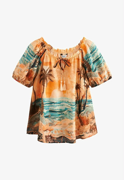 Short Sleeve Tie Neck Bardot Blue Orange Scenic Print