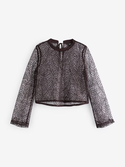 Burgundy Red Long Sleeve Sequin Leaf Blouse