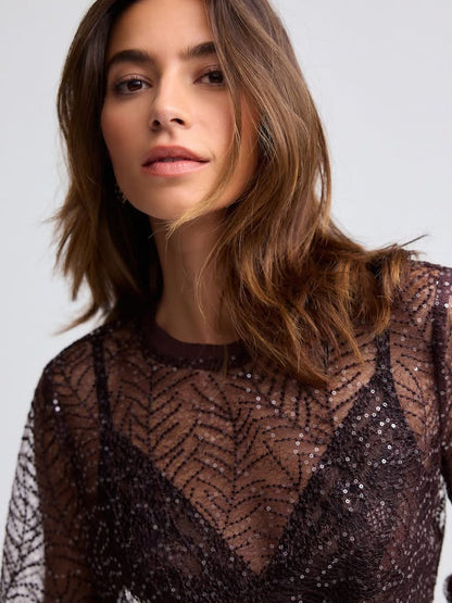 Burgundy Red Long Sleeve Sequin Leaf Blouse
