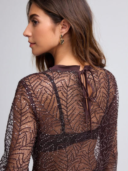Burgundy Red Long Sleeve Sequin Leaf Blouse