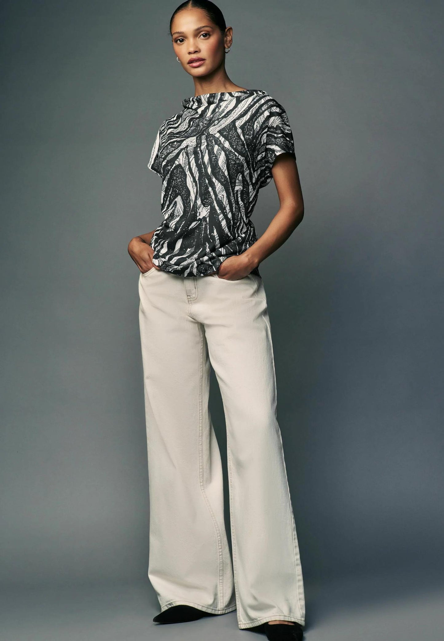Short Sleeve Cowl Neck Petite Print T-Shirt