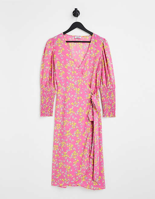 Pink Floral Wrap Midi Dress