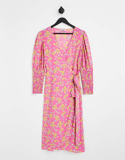 Pink Floral Wrap Midi Dress