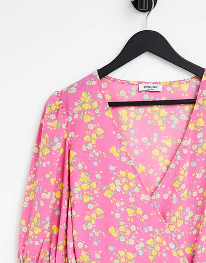 Pink Floral Wrap Midi Dress