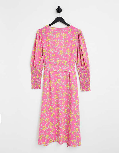 Pink Floral Wrap Midi Dress