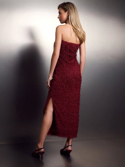 Burgundy Red Fringe Sequin Bandeau Midi Dress