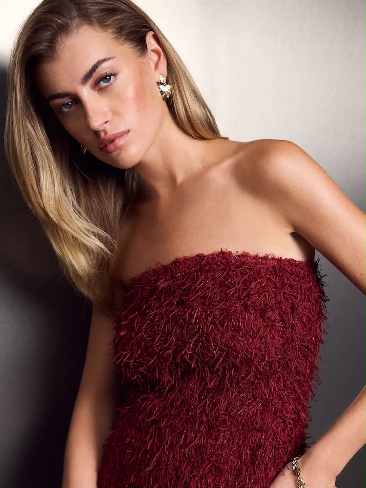 Burgundy Red Fringe Sequin Bandeau Midi Dress